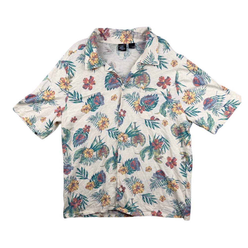 Jurassic World Mens XXL Floral Dinosaur Aloha Shirt Beige Short Sleeve Button Up